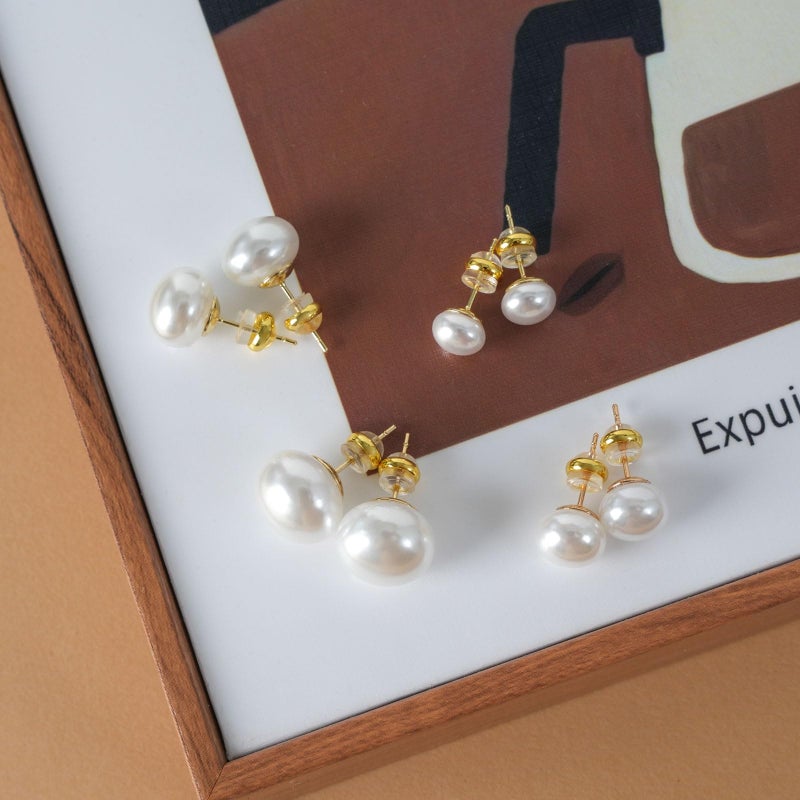 Raystar 4 Pairs Big Pearl Earrings, 14K Gold Plated Silver Post, Hypoallergenic Simulated Large Pearls Earring, 8mm/10mm/12mm/14mm Stud Set for women - Image 3