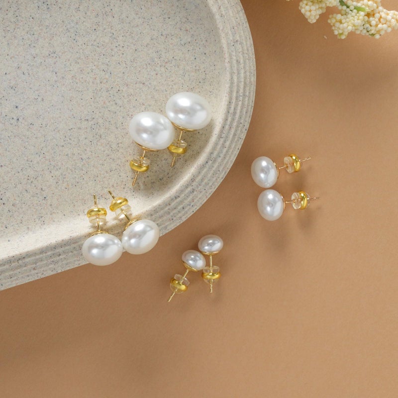 Raystar 4 Pairs Big Pearl Earrings, 14K Gold Plated Silver Post, Hypoallergenic Simulated Large Pearls Earring, 8mm/10mm/12mm/14mm Stud Set for women - Image 4
