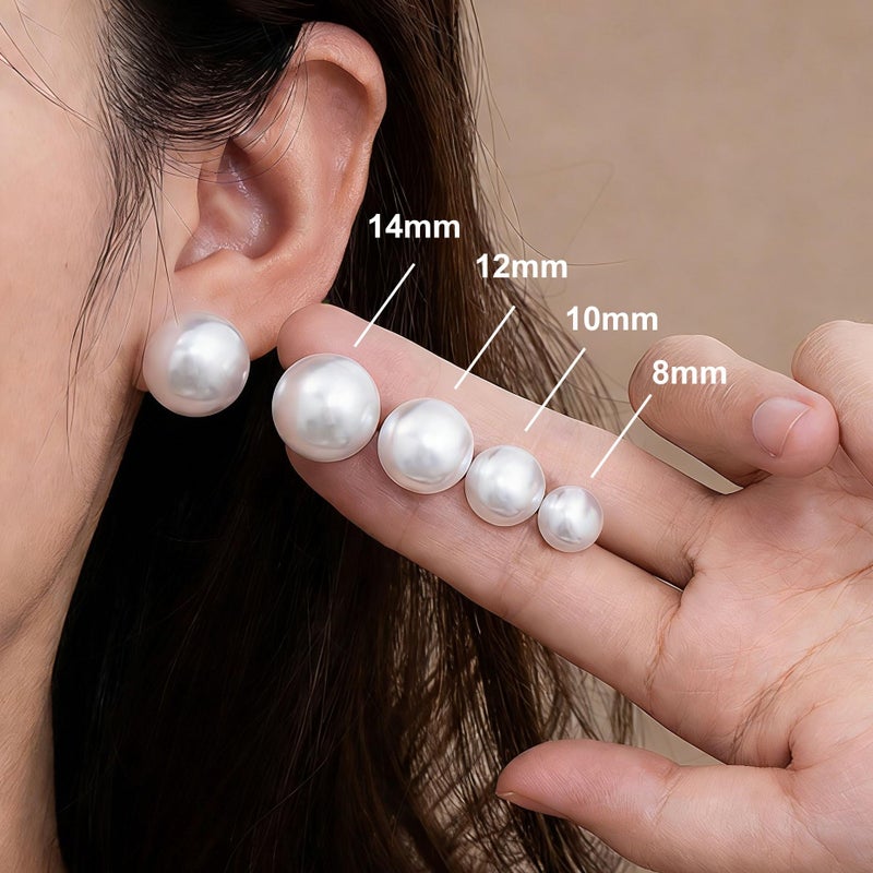 Raystar 4 Pairs Big Pearl Earrings, 14K Gold Plated Silver Post, Hypoallergenic Simulated Large Pearls Earring, 8mm/10mm/12mm/14mm Stud Set for women - Image 2