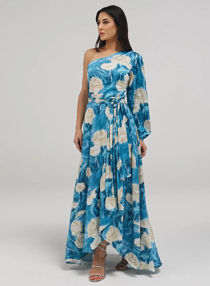 Zigzag One Shoulder Printed Frill Dress