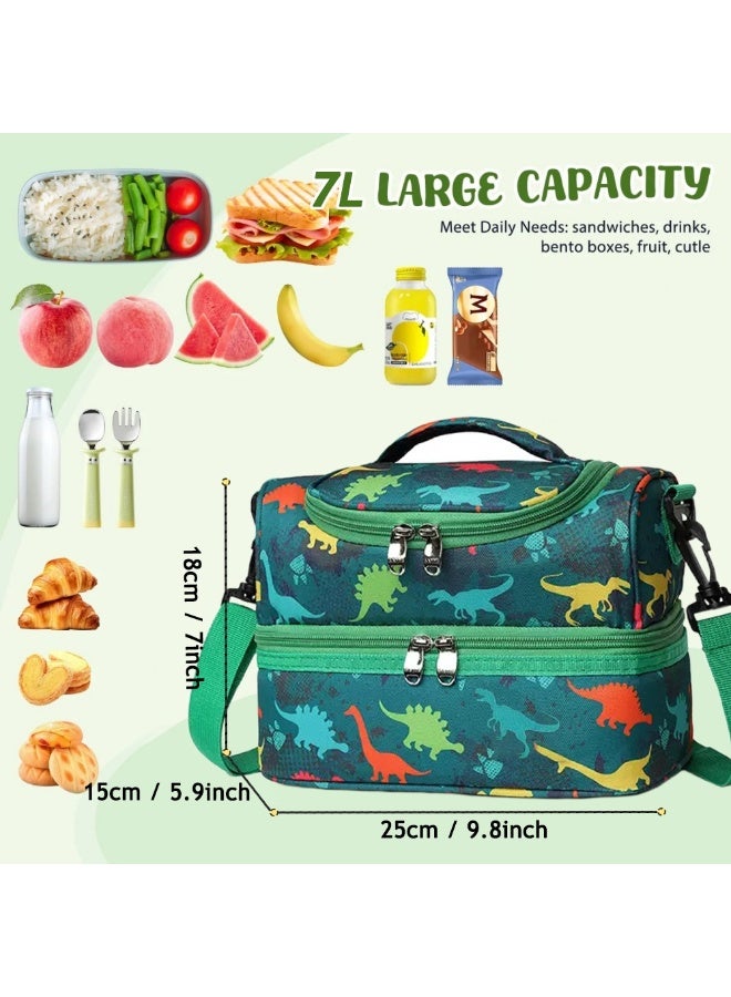 SänHahn Lunch Box Bag Kids, Insulated Two Compartments Cooler Bags Back to School for Boys, Girls, Toddler, Teen, Men, Women, Cute Travel Bag with Adjustable Shoulder Strap Lunch Bag for School, Daycare, Kindergarten, Picnic - Green Dinosaur - Image 2
