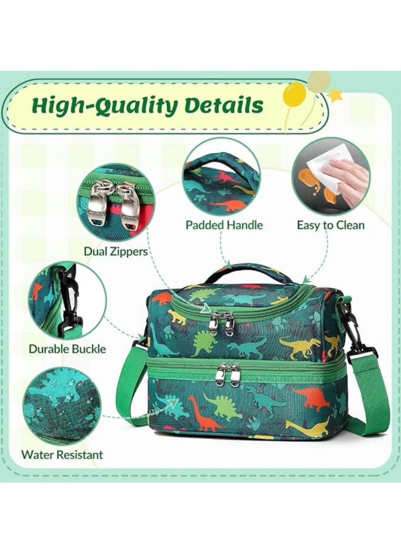 SänHahn Lunch Box Bag Kids, Insulated Two Compartments Cooler Bags Back to School for Boys, Girls, Toddler, Teen, Men, Women, Cute Travel Bag with Adjustable Shoulder Strap Lunch Bag for School, Daycare, Kindergarten, Picnic - Green Dinosaur - Image 3
