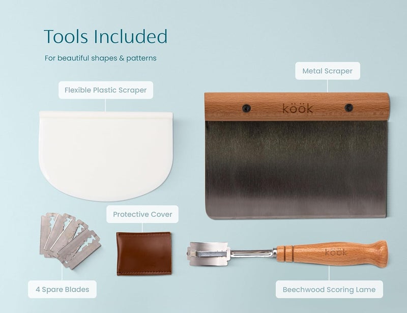 Kook Banneton Bread Proofing Set, Artisan Sourdough Bread Making Kit, 9.8 Inch Rattan Baskets and Liners, Metal & Plastic, Scrapers, Scoring Lame & Case, 4 Extra Blades, Set of 2, Oval - Image 5