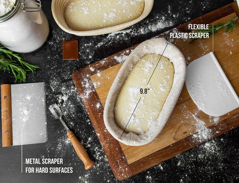 Kook Banneton Bread Proofing Set, Artisan Sourdough Bread Making Kit, 9.8 Inch Rattan Baskets and Liners, Metal & Plastic, Scrapers, Scoring Lame & Case, 4 Extra Blades, Set of 2, Oval - Image 2