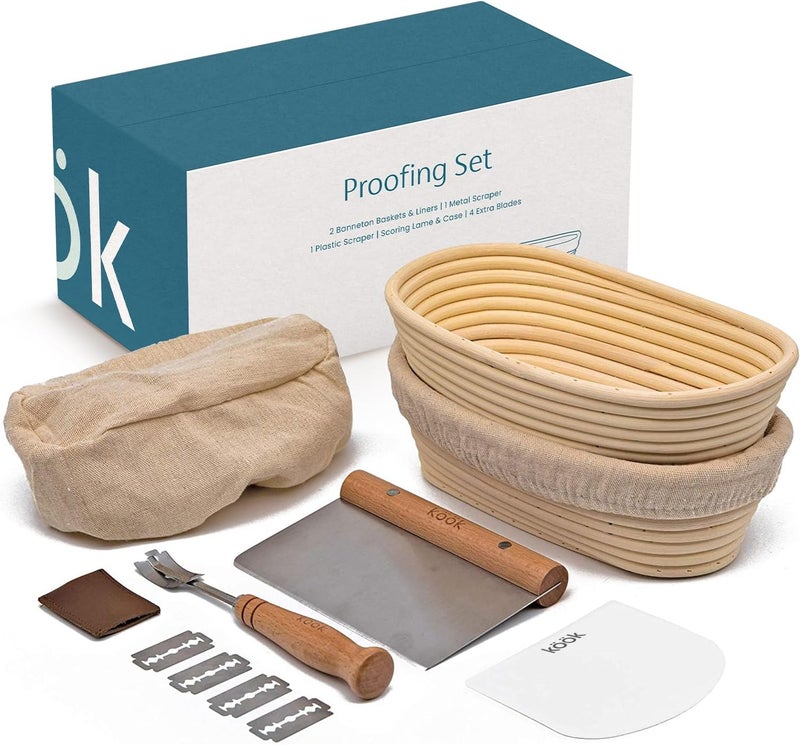Kook Banneton Bread Proofing Set, Artisan Sourdough Bread Making Kit, 9.8 Inch Rattan Baskets and Liners, Metal & Plastic, Scrapers, Scoring Lame & Case, 4 Extra Blades, Set of 2, Oval - Image 1