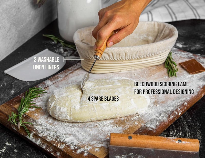 Kook Banneton Bread Proofing Set, Artisan Sourdough Bread Making Kit, 9.8 Inch Rattan Baskets and Liners, Metal & Plastic, Scrapers, Scoring Lame & Case, 4 Extra Blades, Set of 2, Oval - Image 3