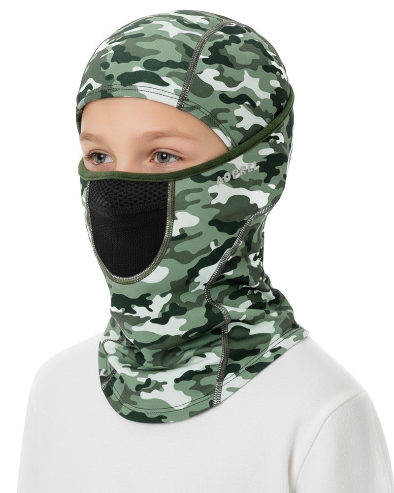 AOPREL Kids Balaclava Ski Mask with Breathable Holes, Windproof Fleece Full Face Mask for Cold Weather Boys Girls Green Camo - Image 1