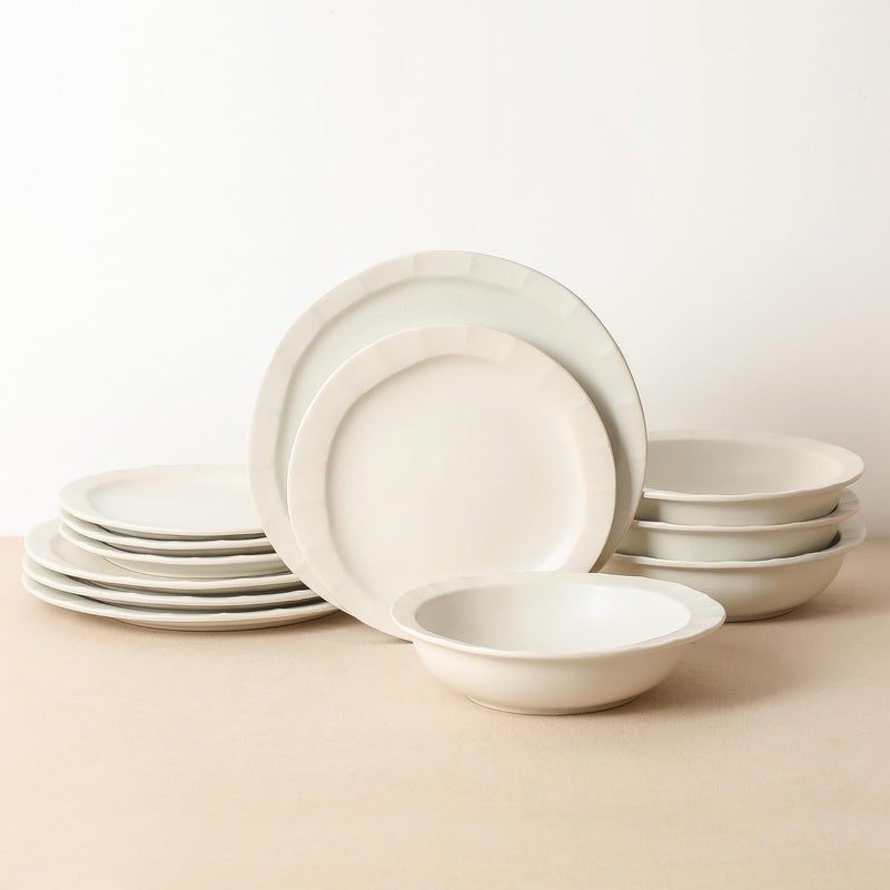 Stone Lain Oasis 12Piece Dinnerware Set Stoneware Dishwasher and Microwave Safe Plates and Bowls Set Dish Set for 4 White - Image 4