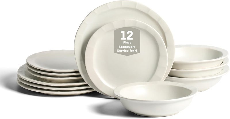 Stone Lain Oasis 12Piece Dinnerware Set Stoneware Dishwasher and Microwave Safe Plates and Bowls Set Dish Set for 4 White - Image 1