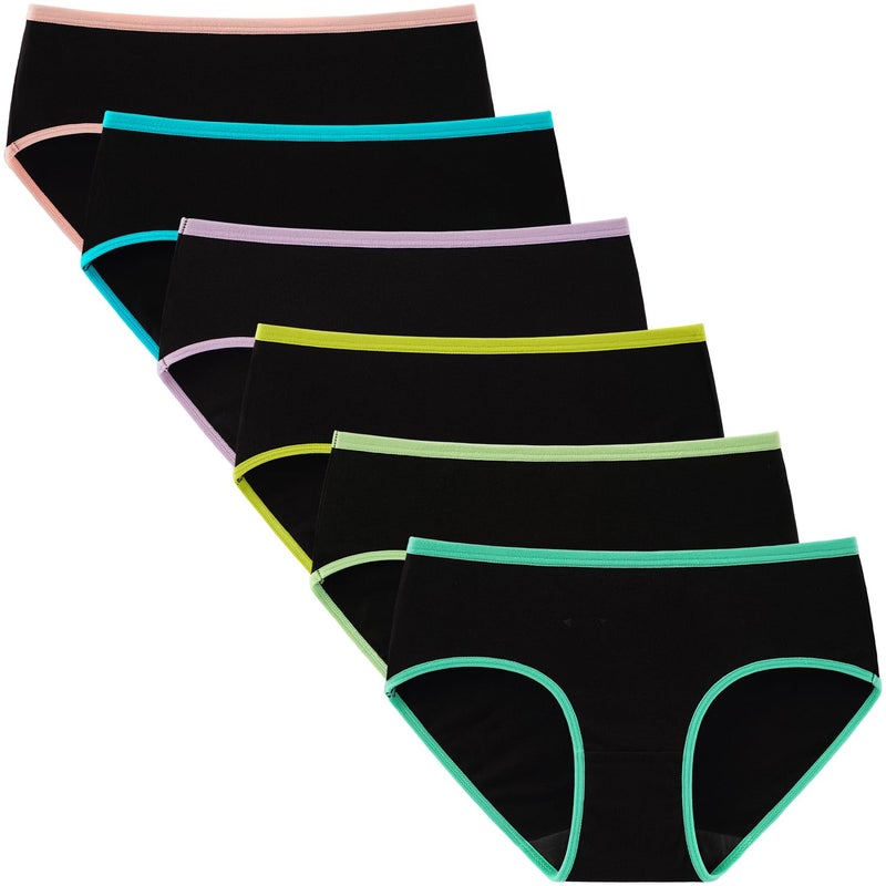 INNERSY INNERSY Girls Cotton Underwear Teen Comfortable Panties Size 8-16 Briefs 6 Pack(10-12 Years, Black With Neon Hem)  - Image 1