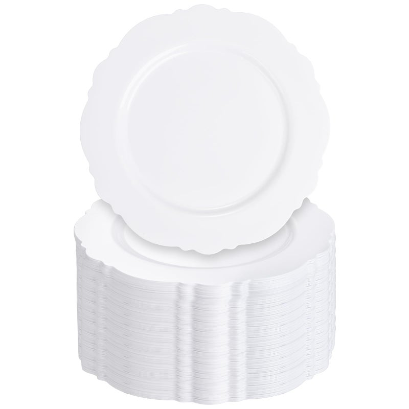 WDF 60pcs White Plastic Plates -10.25inch Baroque White Disposable Dinner Plates for Upscale Parties/Wedding - Image 1