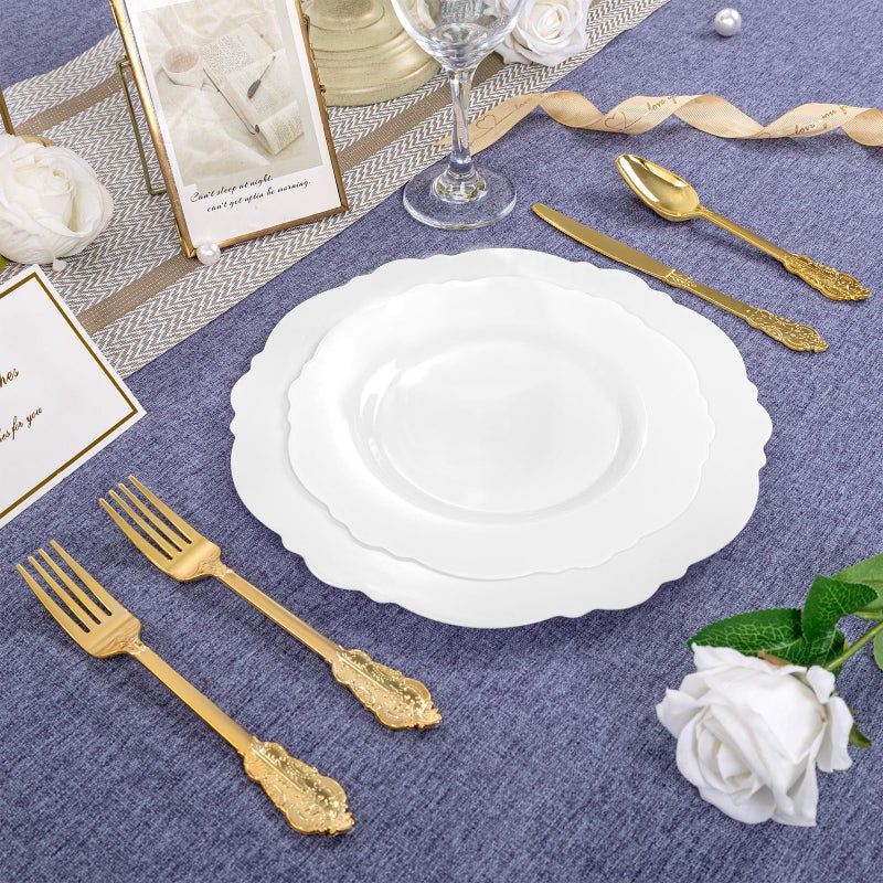 WDF 60pcs White Plastic Plates -10.25inch Baroque White Disposable Dinner Plates for Upscale Parties/Wedding - Image 4