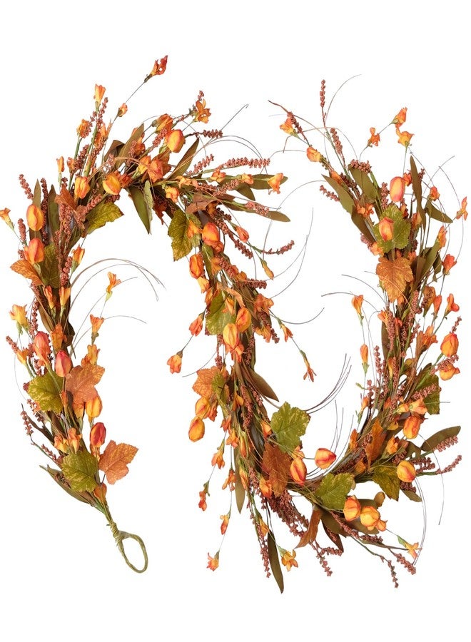idyllic Fall Garland for Front Door, 82" Autumn Orange Maple Floral Wreath with Forsythia, Harvest Garland for Festival Thanksgiving Farmhouse Wall Home Decor - Image 1