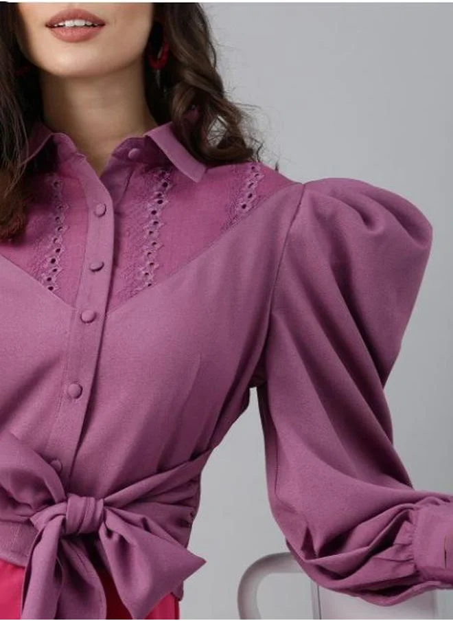 كاجوالي Broderie Panel Crop Shirt with Waist Tie-Up Detail