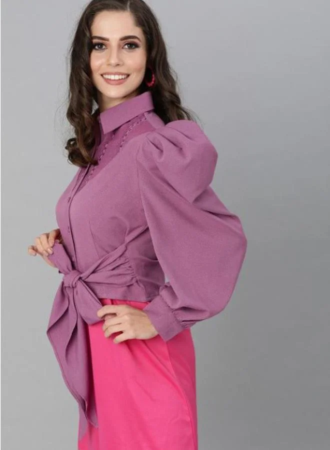 Kassually Broderie Panel Crop Shirt with Waist Tie-Up Detail by Styli