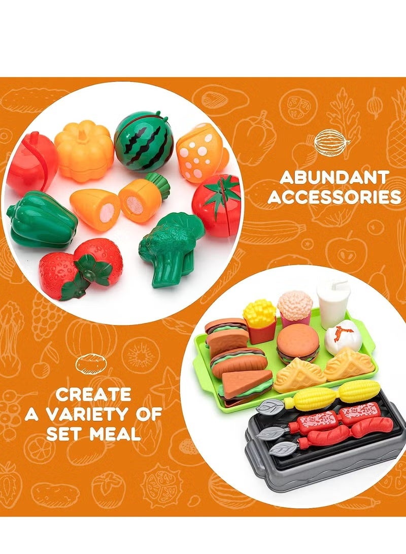 Kids Kitchen Playset 73Pcs Kitchen Accessories Toy Pretend Play Food Toys Cutting Fruit Vegetables Toys Simulation Kitchen Cooking Game with Pots and Pans Set  Plastic Kitchen Fake Food Educational Activity Toys Set for Kids Boys Girls Children - Image 5