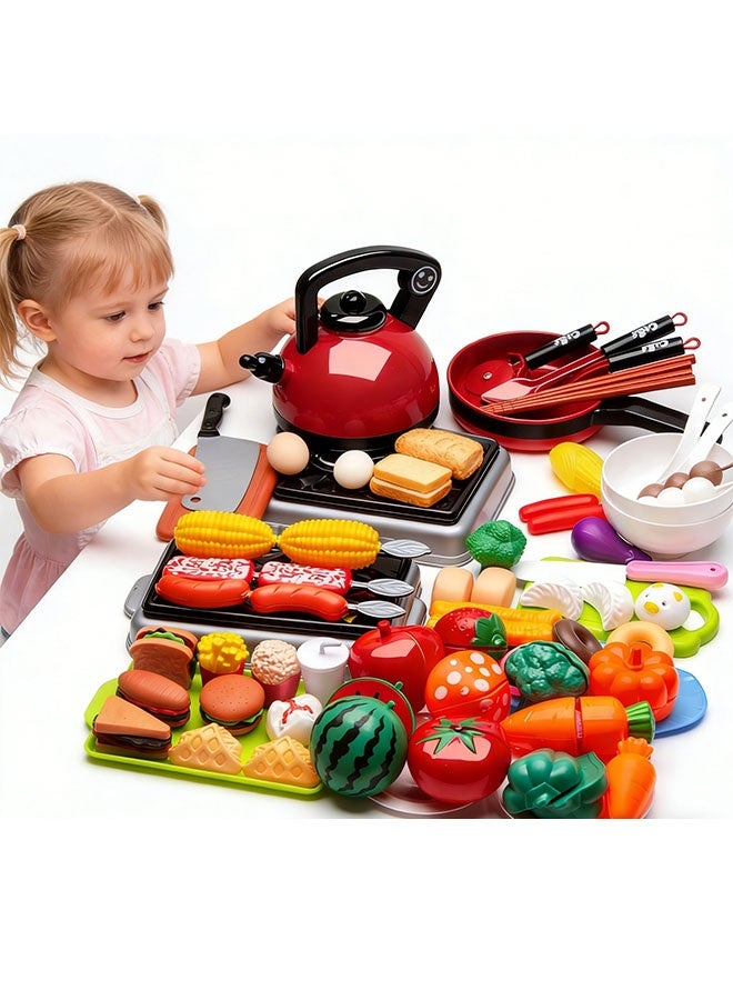 Kids Kitchen Playset 73Pcs Kitchen Accessories Toy Pretend Play Food Toys Cutting Fruit Vegetables Toys Simulation Kitchen Cooking Game with Pots and Pans Set  Plastic Kitchen Fake Food Educational Activity Toys Set for Kids Boys Girls Children - Image 3