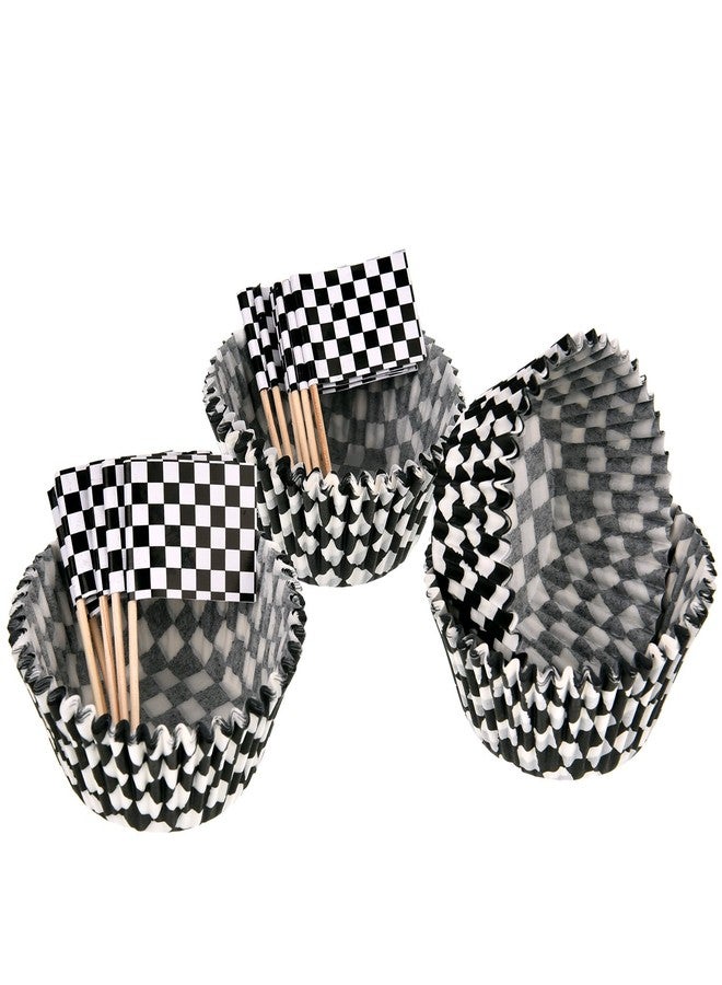 تيكيونايت مجموعة TecUnite المكونة من 100 قطعة من أغطية الكب كيك بنمط علم السباق، و100 قطعة من أعواد الأسنان بنمط علم السباق لتزيين الكيك (أسود وأبيض). - Image 3