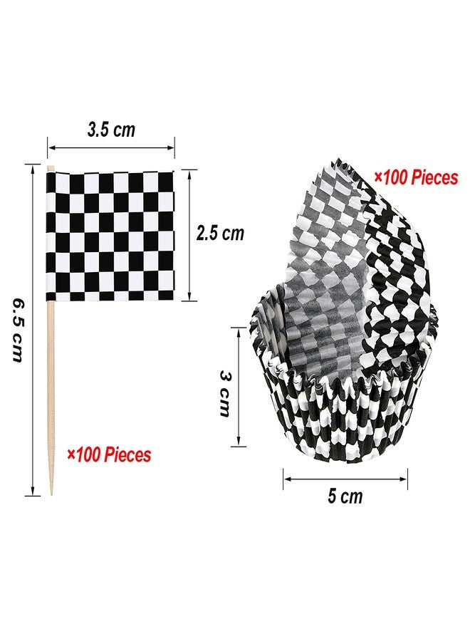 تيكيونايت مجموعة TecUnite المكونة من 100 قطعة من أغطية الكب كيك بنمط علم السباق، و100 قطعة من أعواد الأسنان بنمط علم السباق لتزيين الكيك (أسود وأبيض). - Image 2