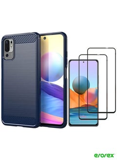 [1+2] For Xiaomi Poco M3 Pro 5G/Redmi Note 10 5G Case with 2 Tempered Glass Screen Protector, Soft TPU Bumper Flexible [Carbon Fiber Texture] Protective Cover for Redmi Note 10 5G (Blue)