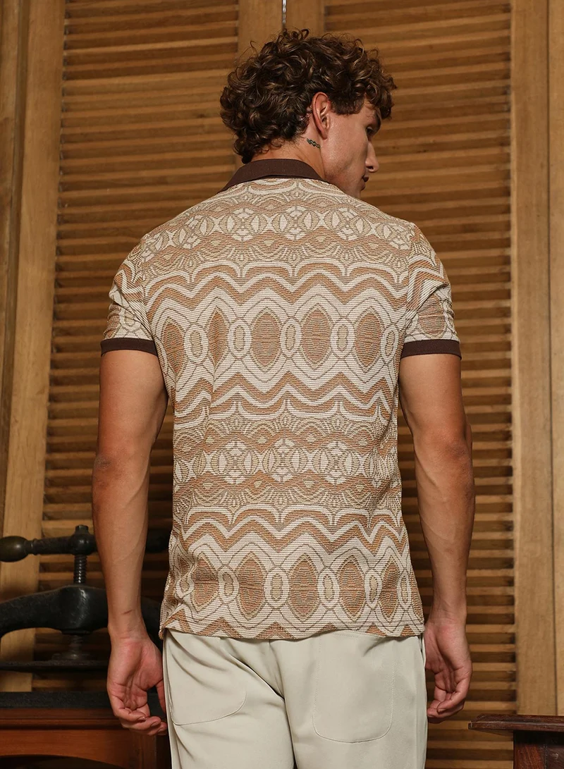 Campus Sutra Men's Brown Geometric Pattern Polo Collar Shirt
