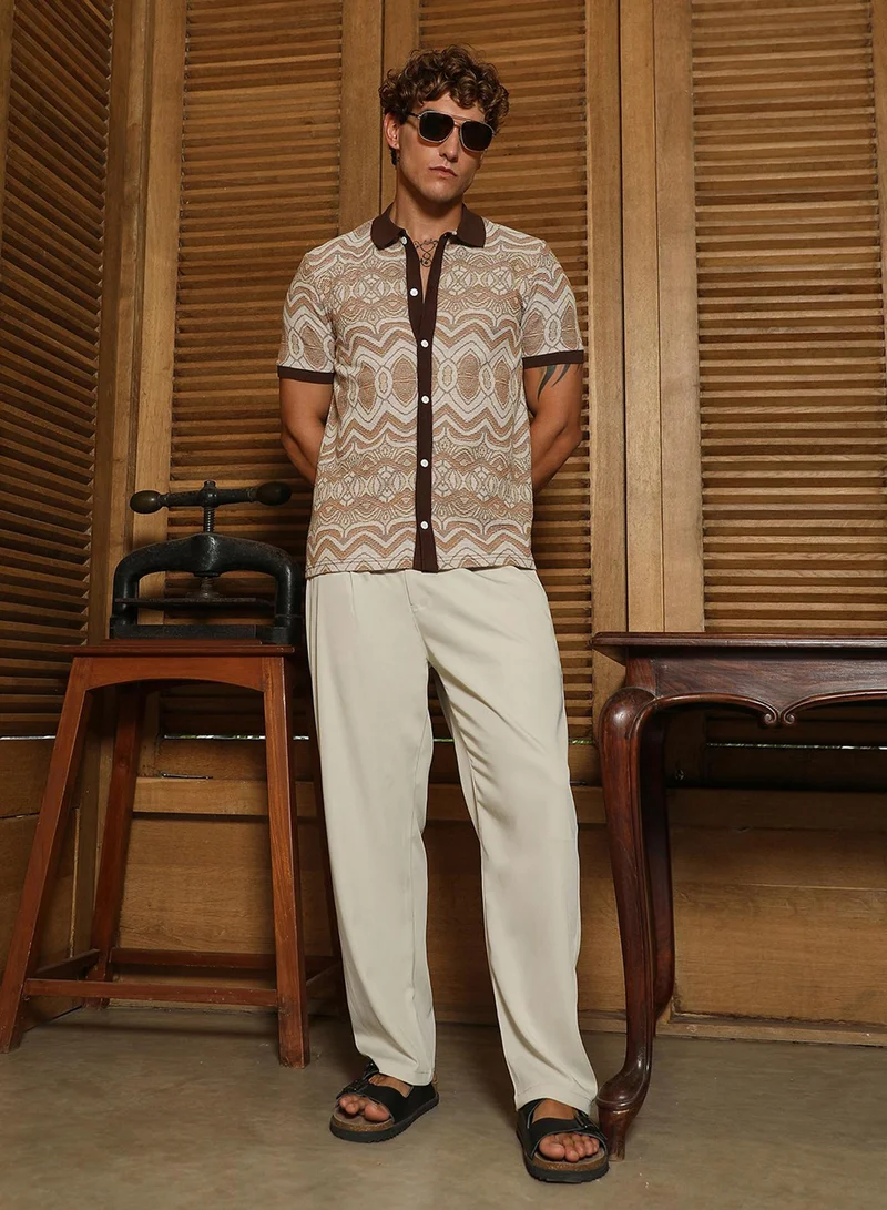 Campus Sutra Men's Brown Geometric Pattern Polo Collar Shirt