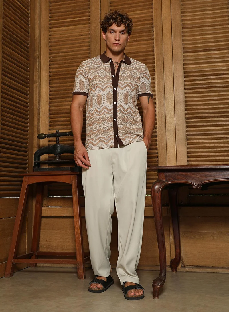 Campus Sutra Men's Brown Geometric Pattern Polo Collar Shirt