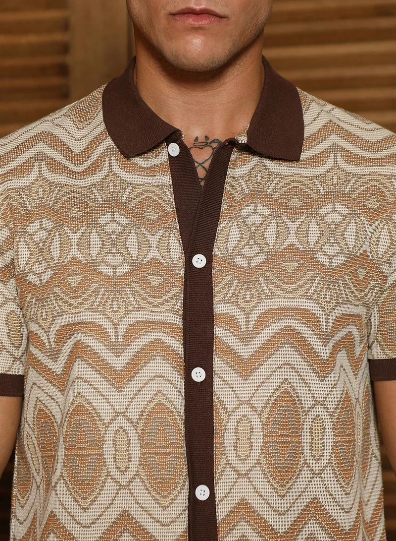 Campus Sutra Men's Brown Geometric Pattern Polo Collar Shirt