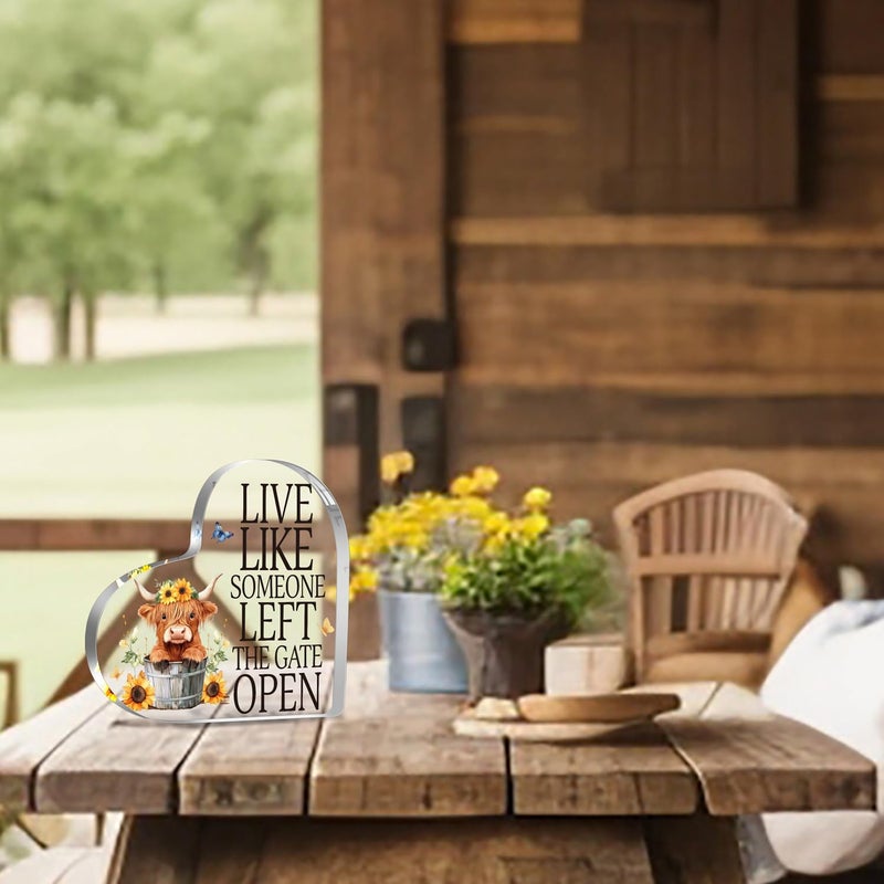 YAANUNULU Highland Cow Gifts for Women Men Highland Cow lovers, Cow Decorations for Home, Live Like Someone Left The Gate Open Sign Decor for Farm Bathroom Bedroom, Motivational Acrylic Sign Gifts for Friends - Image 3