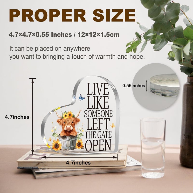 YAANUNULU Highland Cow Gifts for Women Men Highland Cow lovers, Cow Decorations for Home, Live Like Someone Left The Gate Open Sign Decor for Farm Bathroom Bedroom, Motivational Acrylic Sign Gifts for Friends - Image 2