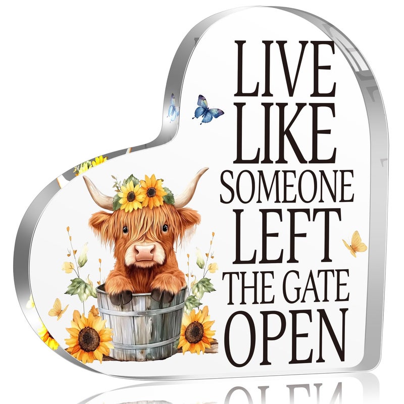 YAANUNULU Highland Cow Gifts for Women Men Highland Cow lovers, Cow Decorations for Home, Live Like Someone Left The Gate Open Sign Decor for Farm Bathroom Bedroom, Motivational Acrylic Sign Gifts for Friends - Image 1