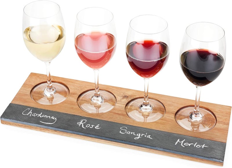 Twine Wine Flight Board with Slate Chalkboard & Acacia Wood Tray, Holds 4 Glasses, Includes Soapstone Chalk, Perfect for Wine Tasting Parties, Housewarming, Hosting Essentials - Image 1