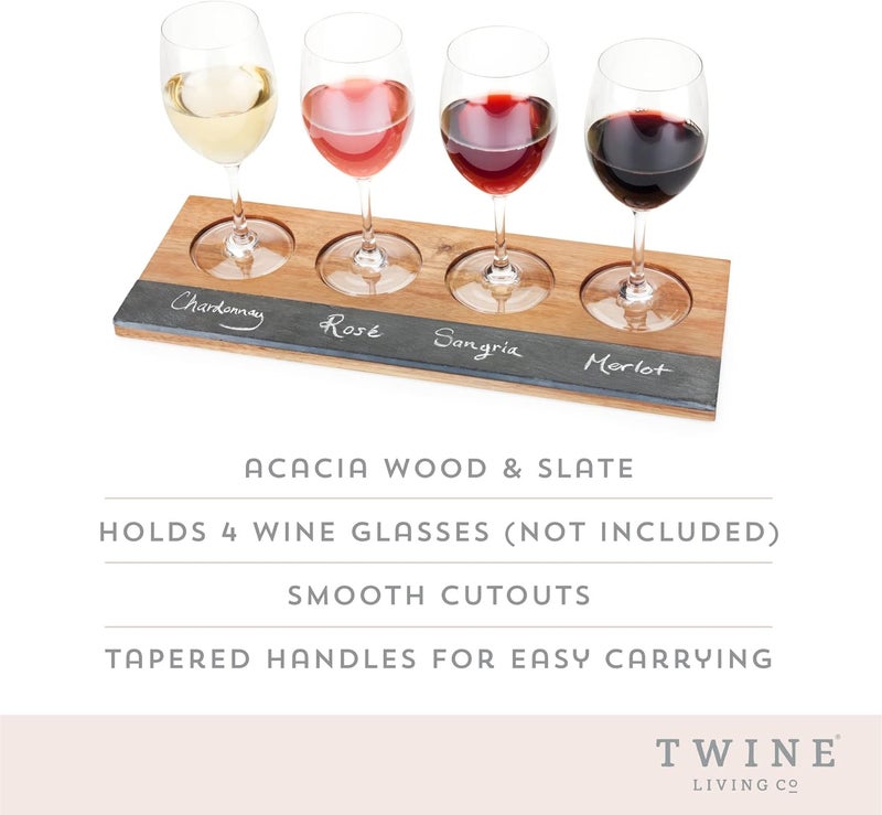 Twine Wine Flight Board with Slate Chalkboard & Acacia Wood Tray, Holds 4 Glasses, Includes Soapstone Chalk, Perfect for Wine Tasting Parties, Housewarming, Hosting Essentials - Image 2