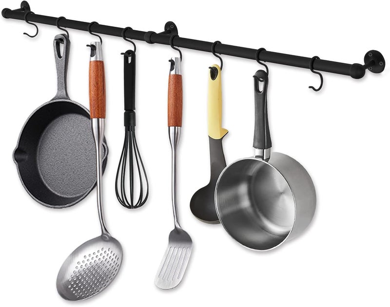 ROTHLEY Hanging Pot Rack Hanger: 39.4 Inch Stainless Steel Pot and Pan Hanger Pot Rack Wall Mounted Hanging Pots and Pans Rack Pot Hangers for Kitchen Utensil Rail with Hooks (Matt Black - Image 1