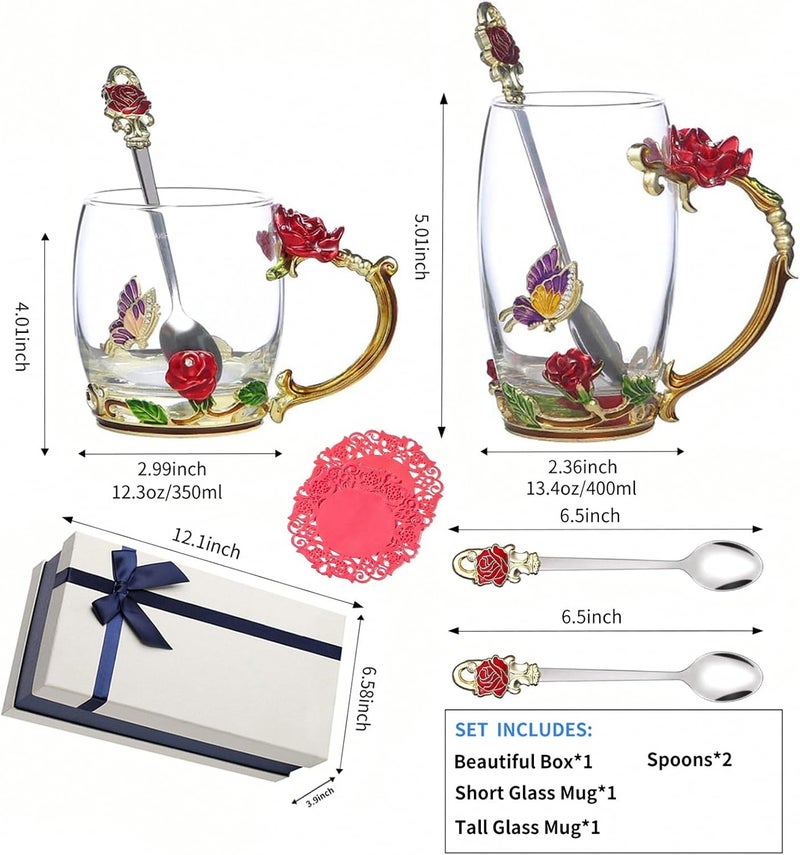 DUMVOIN Glass Fancy Tea Cup Set Birthday Christmas Valentines Day Gift Idea for Tea Lover and Women Novelty Coffee Mugs Rose Flower Enamel Glass Mug with Spoon - Image 2