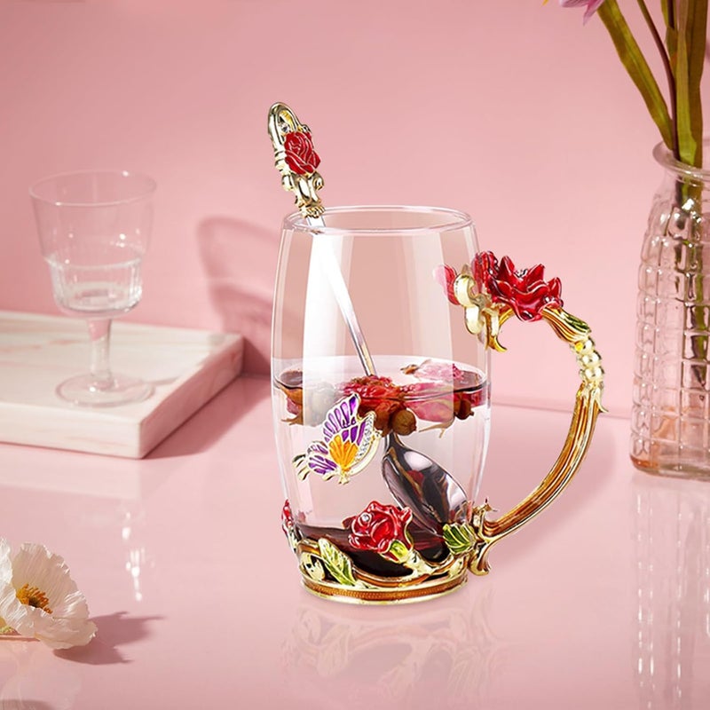 DUMVOIN Glass Fancy Tea Cup Set Birthday Christmas Valentines Day Gift Idea for Tea Lover and Women Novelty Coffee Mugs Rose Flower Enamel Glass Mug with Spoon - Image 5