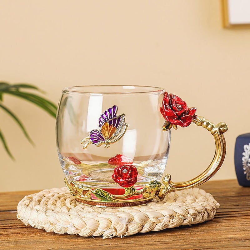 DUMVOIN Glass Fancy Tea Cup Set Birthday Christmas Valentines Day Gift Idea for Tea Lover and Women Novelty Coffee Mugs Rose Flower Enamel Glass Mug with Spoon - Image 4