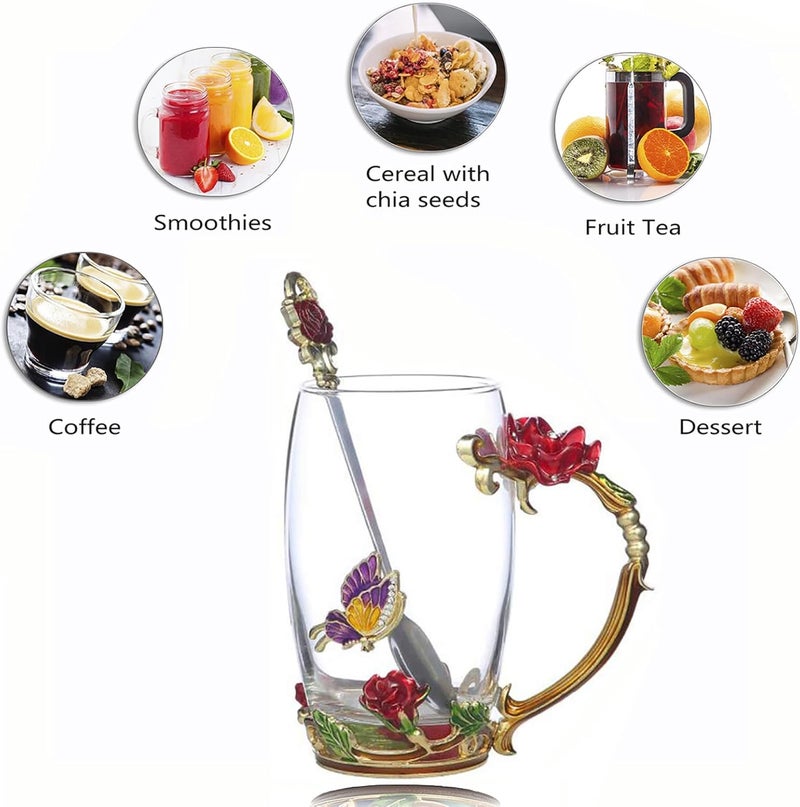 DUMVOIN Glass Fancy Tea Cup Set Birthday Christmas Valentines Day Gift Idea for Tea Lover and Women Novelty Coffee Mugs Rose Flower Enamel Glass Mug with Spoon - Image 3