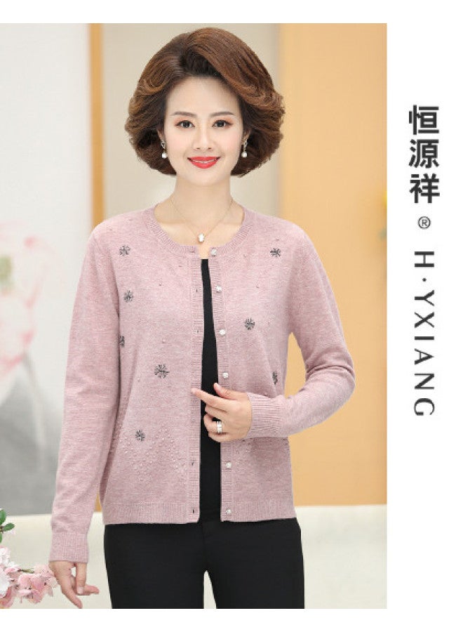 Hengyuanxiang Diamond Jacquard [Pure Wool] Middle-Aged Elegant Wool Cardigan Round Neck Mother'S Wear Warm Sweater Mother-Of-The-Groom - Image 1