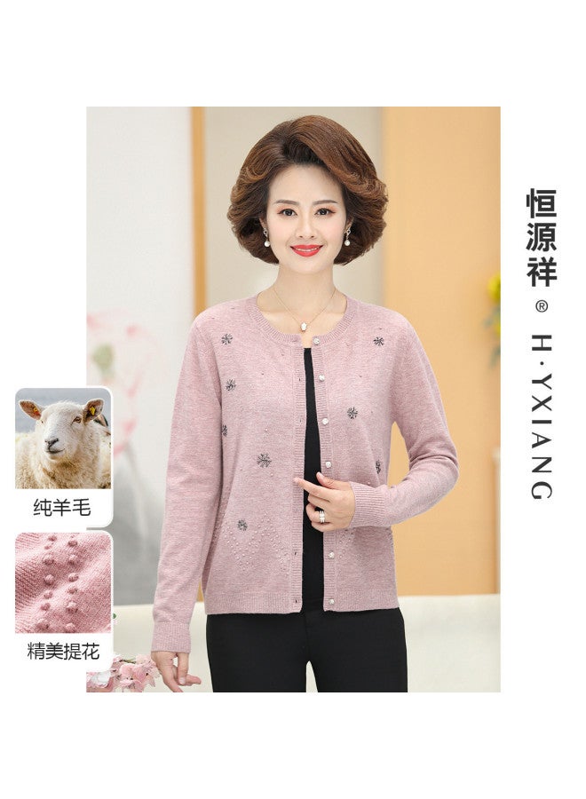 Hengyuanxiang Diamond Jacquard [Pure Wool] Middle-Aged Elegant Wool Cardigan Round Neck Mother'S Wear Warm Sweater Mother-Of-The-Groom - Image 2