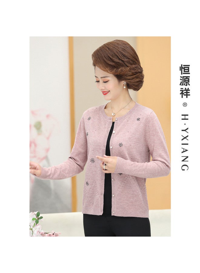 Hengyuanxiang Diamond Jacquard [Pure Wool] Middle-Aged Elegant Wool Cardigan Round Neck Mother'S Wear Warm Sweater Mother-Of-The-Groom - Image 3