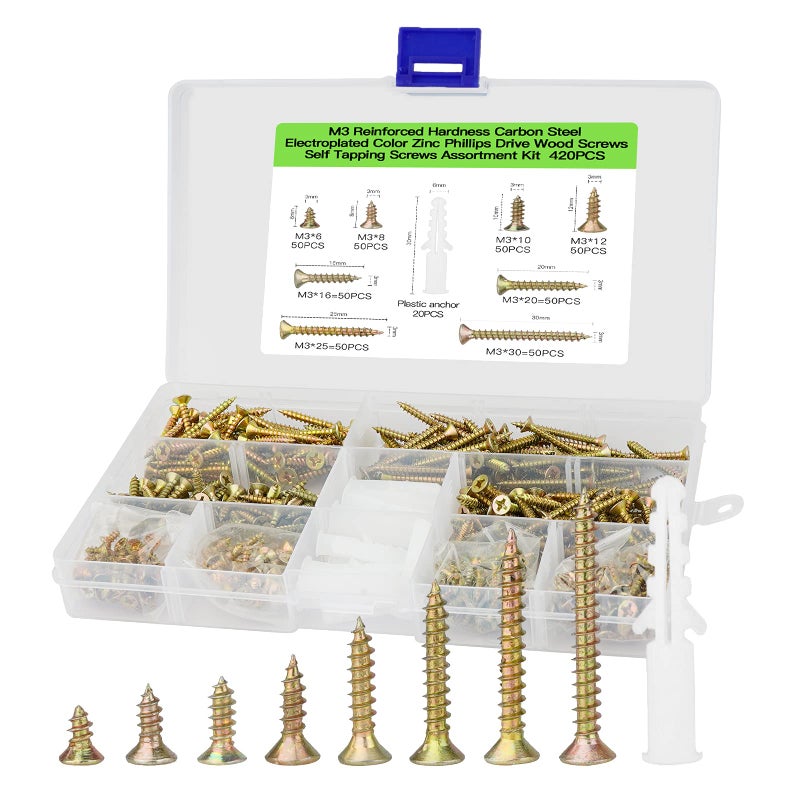 JERLITU M3 Flat Head Wood Screws Assortment Fasteners Kit 420Pcs Phillips Drive Countersunk Head Self-Tapping Screws Yellow Zinc Plated Finish Contains 20Pcs M6 Screw Anchors - Image 1