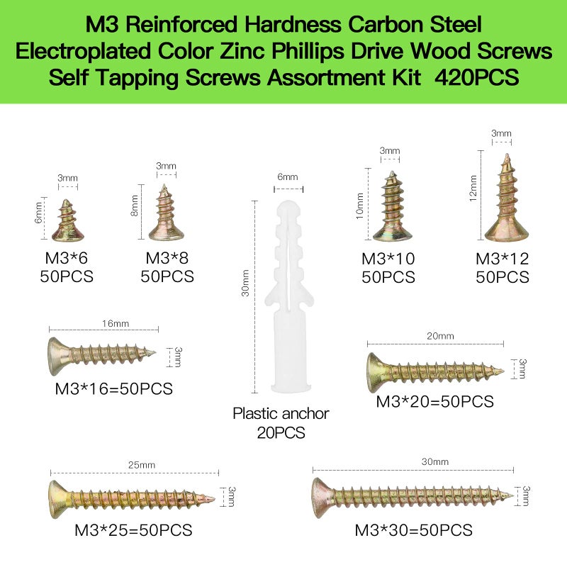 JERLITU M3 Flat Head Wood Screws Assortment Fasteners Kit 420Pcs Phillips Drive Countersunk Head Self-Tapping Screws Yellow Zinc Plated Finish Contains 20Pcs M6 Screw Anchors - Image 2
