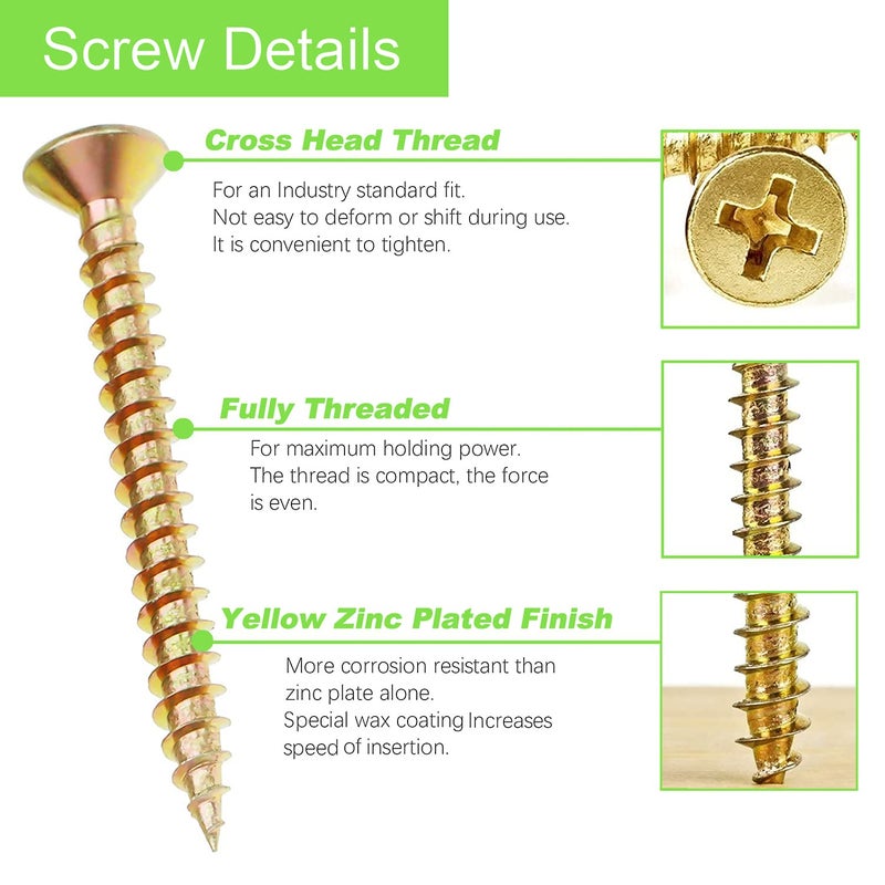 JERLITU M3 Flat Head Wood Screws Assortment Fasteners Kit 420Pcs Phillips Drive Countersunk Head Self-Tapping Screws Yellow Zinc Plated Finish Contains 20Pcs M6 Screw Anchors - Image 5