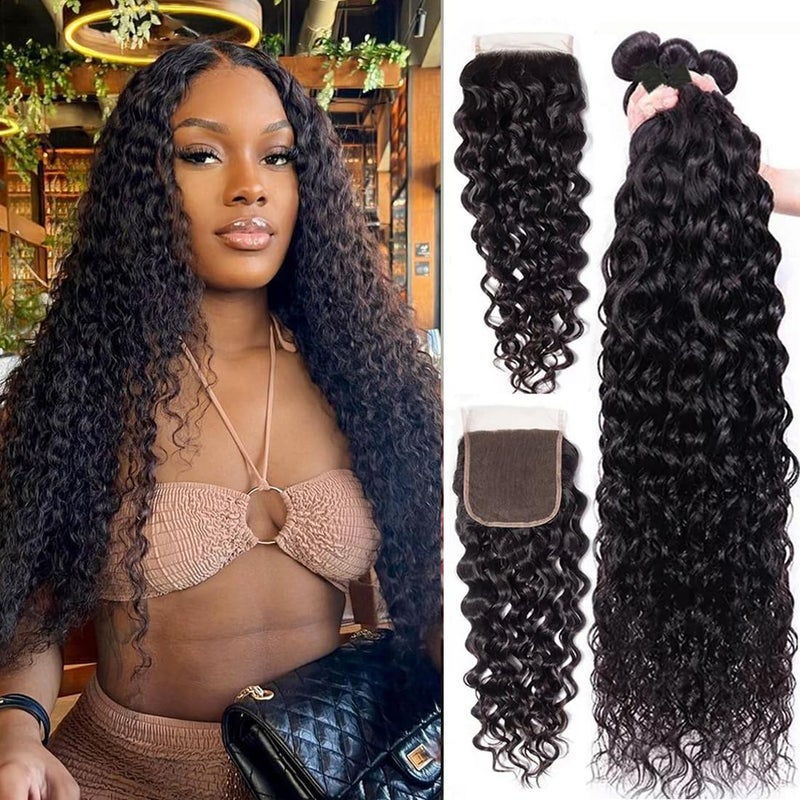Bundles with Closure Water Wave 12A Unprocessed Brazilian Virgin Human Hair18 20 2216Free Part Bundles and Closure Water Wave Pre Plucked with Baby Hair Natural Color