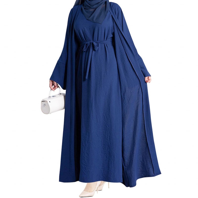 khalat 2PCS Womens Muslim Dresses Abaya Islamic Dubai Prayer Dress Robe Long Cardigan Maxi Dress Navy - Image 2