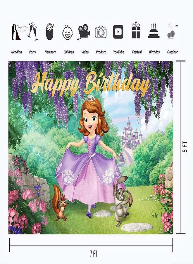 YouRan Your Little Princess Sofia Backdrop - Happy Birthday 7x5 Purple Castle Forest Animals Theme Background 1st Birthday for Girls Vinyl Tea Party Wall Banner - Image 3