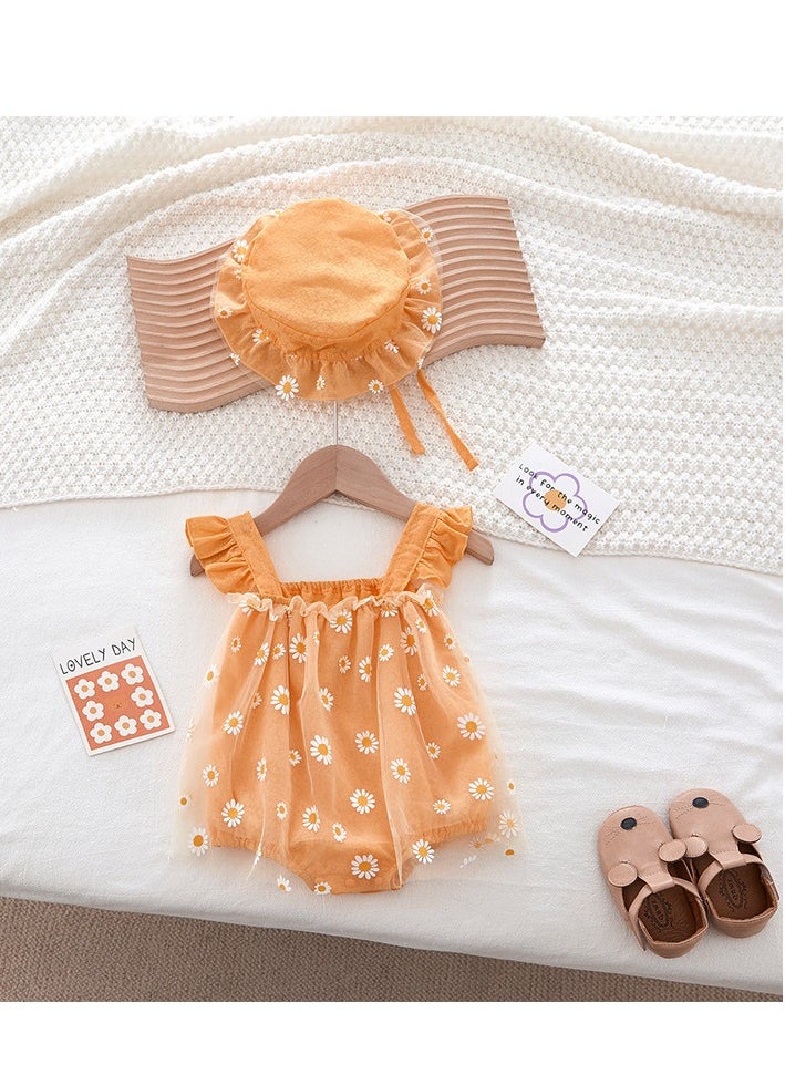 Generic Baby Girl Summer Daisy Print Mesh Bodysuit Set – Sleeveless Ruffle Strap Outfit with Sun Hat, Newborn Baby Clothes, Baby Shower Gift – 66cm (0-3M) 