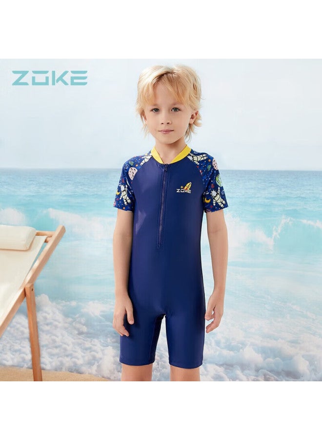 Zoke Children's Swimsuit, Boys' One-piece Square-leg, Solid Color Short-sleeve, Hot Spring, 122503544, Deep Purple, Size 10 - Image 2