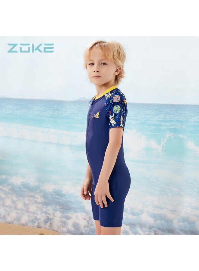 Zoke Children's Swimsuit, Boys' One-piece Square-leg, Solid Color Short-sleeve, Hot Spring, 122503544, Deep Purple, Size 10 - Image 3